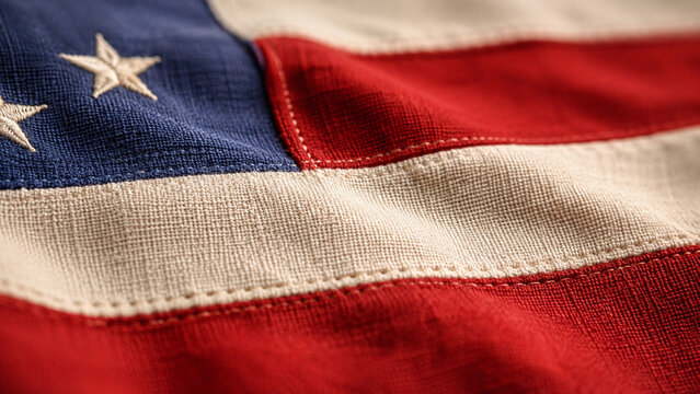 Macro Woven Textile Texture Of USA Flag Inspired Fabric