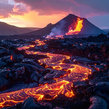 A vibrant volcanic landscape at sunset with flowing lava