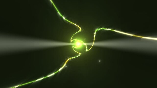Dynamic green light trails swirl and twist in a dark space
