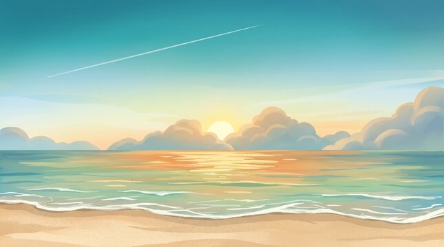 A soft digital illustration of a beach at sunrise/sunset a glowing sun sits low on the horizon, framed by warm pink and orange clouds, with gentle turquoise waves rolling onto a sandy shore.