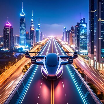 Futuristic vehicle flies over illuminated urban highway