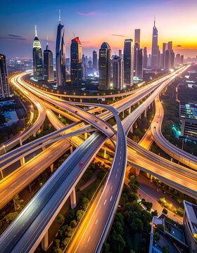 Illuminated highway interchange at twilight cityscape (1)