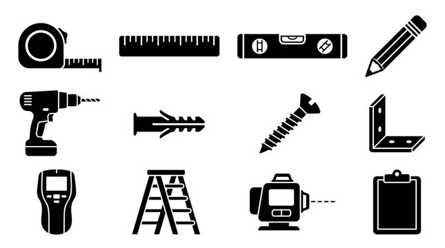 Construction and measuring tools vector icon set in flat black glyph style