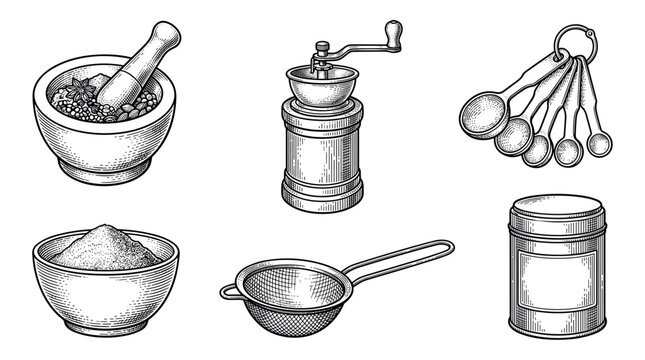 Kitchen utensils and spice grinding tools vector illustration set in vintage engraving style