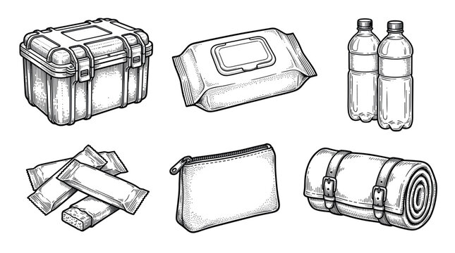 Emergency preparedness and survival gear vector illustration set in vintage engraving style