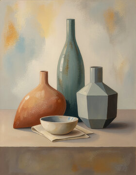 Harmonious still-life painting featuring abstract bottles, available as a canvas art print Vertical