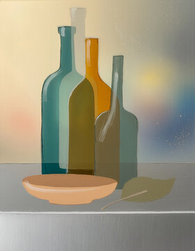 Harmonious still-life painting featuring abstract bottles, available as a canvas art print.