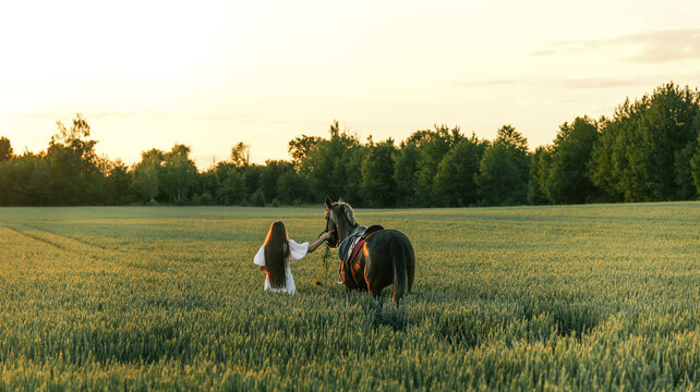 Young woman in white dress leads horse through golden wheat field at sunset