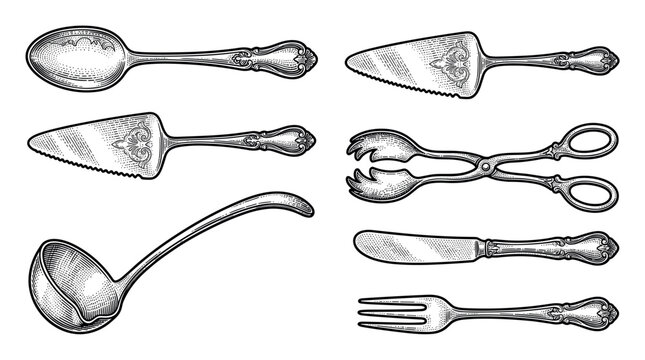 Vintage silverware and kitchen utensils vector illustration set featuring ornate spoon, fork, knife, ladle, tongs, and cake servers in engraving style