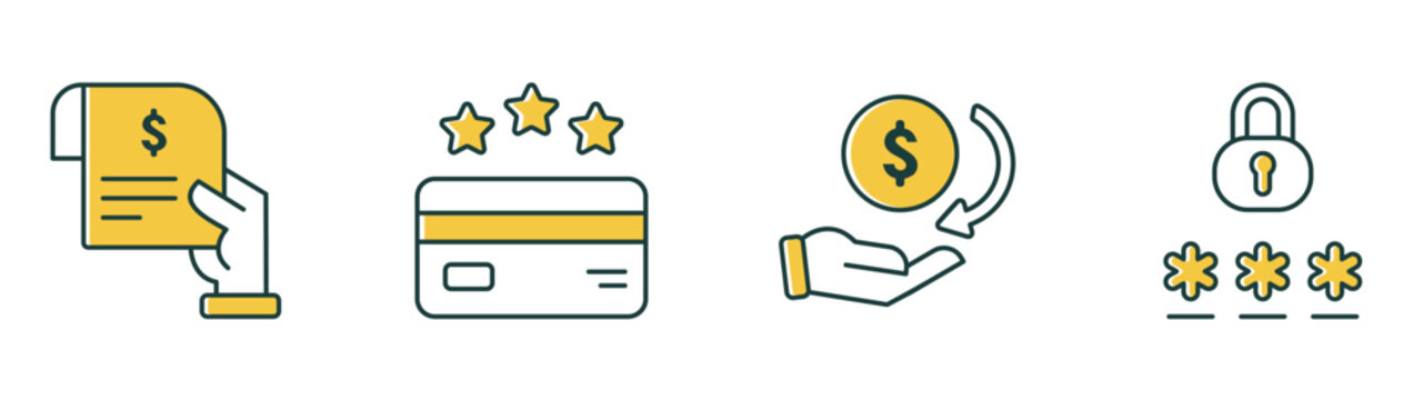 Payment security icon collection featuring receipt invoice, loyalty rewards, cashback, password protection illustration