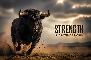 A powerful black bull is charging through a dusty, dramatic outdoor setting under a cloudy sky. © Anastasiia