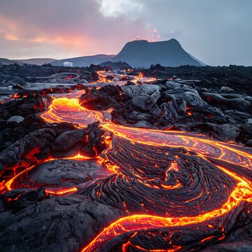 Molten rock flows across rugged, dark terrain