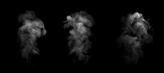 Obraz premium Realistic white smoke collection isolated on black background featuring drifting vapor clouds with detailed texture. Perfect for cinematic visual effects, digital compositing, graphic design overlays.