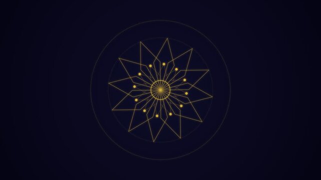 A glowing golden geometric star pattern on a deep dark navy blue background