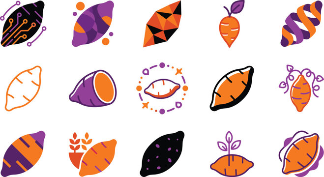 Sweet potato icons with abstract geometric patterns and agricultural elements in a vibrant color palette