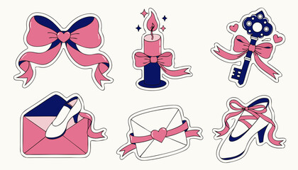 Set of cute romantic stickers featuring ballerina shoes bows and envelopes in pink colors. © Sorna Moni
