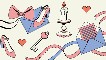 Romantic set of vector icons with ballerina shoes candle envelope and heart elements art. © Sorna Moni