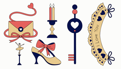 Set of cute romantic vector stickers with ballerina figurines candles keys and love notes. © Sorna Moni