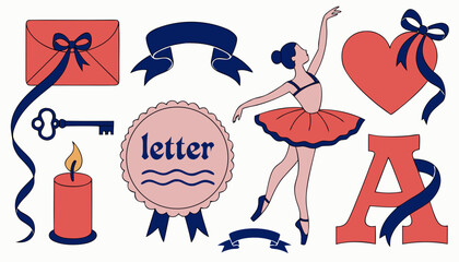 Set of romantic ballerina themed vector elements with red envelopes bows and fancy letters. © Sorna Moni