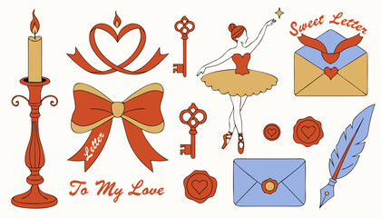 Collection of romantic vector elements featuring candle sticks ballerina and love letters. © Sorna Moni