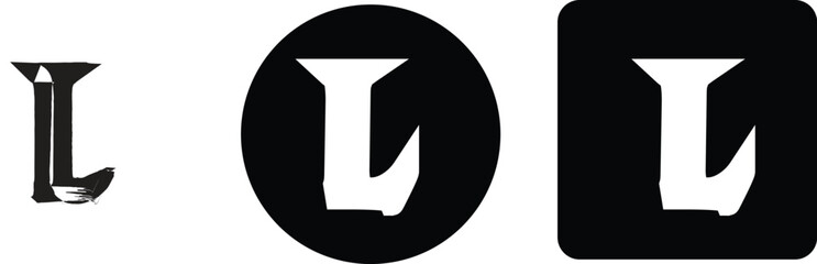 Letter l typography set featuring a stylized brush stroke version, a circular and a rounded square in black white © Ahed