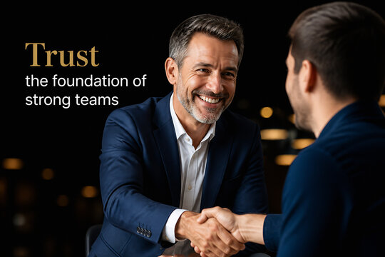 Two men in business attire are shaking hands while smiling at each other in a dimly lit, urban setting.