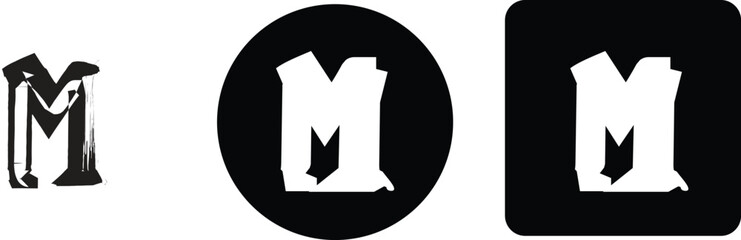 Letter m typography set featuring a stylized brush stroke version, a circular and a rounded square in black white © Ahed