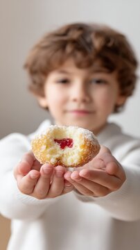 Little boy holding a delicious half eaten jelly donut in his hands