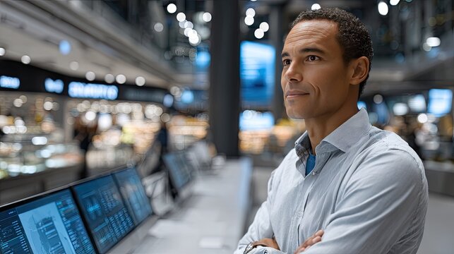 Middle Eastern entrepreneur watches customer behavior analytics on automated checkout dashboard in modern retail space during busy shopping hours