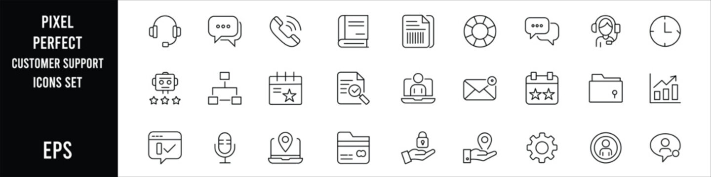 Minimal black and white customer support communication icon set vector template featuring clean outline symbols modern monoline geometric editable stroke design collection