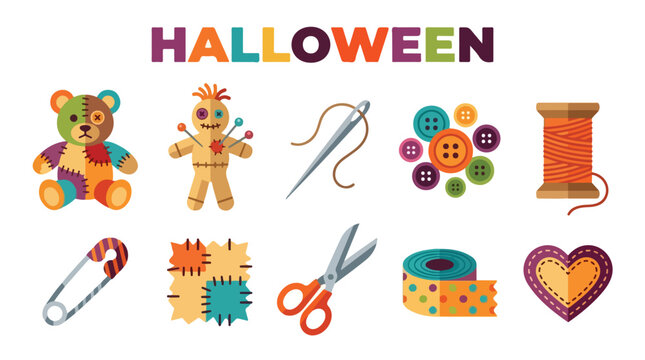 Creepy sewing icons and voodoo doll set halloween vector