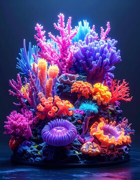 Vibrant coral reef with neon-colored sea fans and fish-like structures