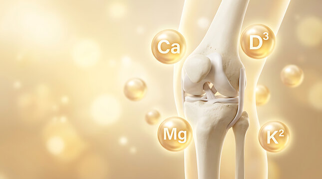 Human knee joint with calcium magnesium vitamin d k2 nutrient spheres bone anatomy