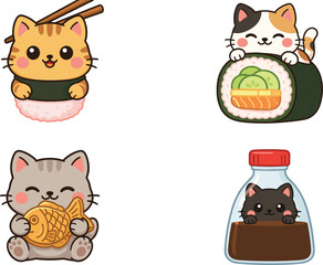 Cute Kawaii Sushi Cat Sticker Set Featuring Chibi Kittens with Nigiri Maki Roll Taiyaki Fish Pastry and Soy Sauce Bottle Vector Illustration © Ismail