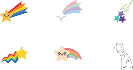 Cute Kawaii Shooting Star Vector Icon Set Featuring Colorful Rainbow Trails Chibi Comets Meteorites and Doodle Line Art Illustrations © Ismail