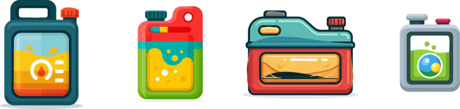 A vibrant flat vector icon of a car fuel tank features a dynamic illustration of fuel sloshing inside, rendered in bright colors with clean lines against a pure white background