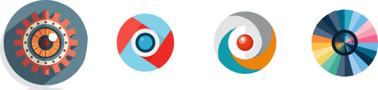 A vibrant, flat vector icon depicts a mechanical iris with an eye at its center, surrounded by red gear teeth against a blue background, embodying the essence of modern UI design