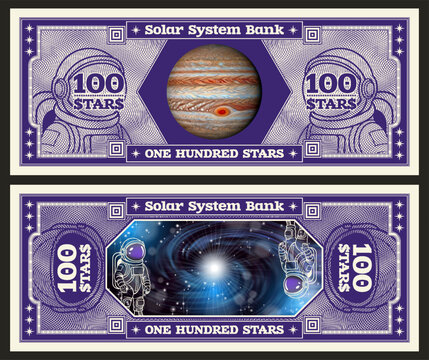 Vector obverse and reverse of violet space banknote. Denomination of 100 stars. Planet Jupiter and spiral galaxy. Astronaut and spacesuit, grid. Play money. Solar system bank. Hundred. Cosmic note