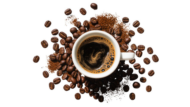 White cup of hot black coffee surrounded by roasted coffee beans and grounds