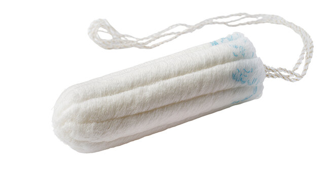 White cotton tampon with blue text and string