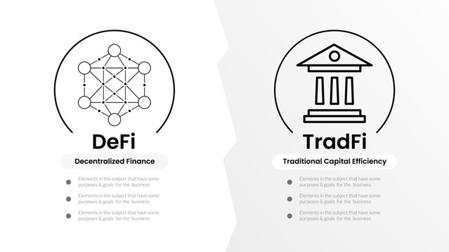 Defi decentralized finance and cefi centralized finance comparison side by side infographic template banner with for slide presentation