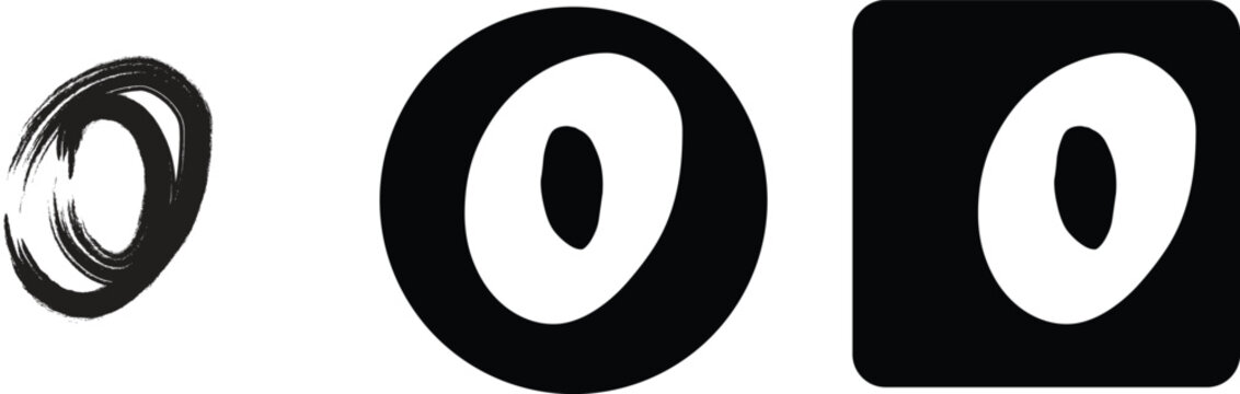 Letter o in brush stroke style, bold white letter inside black circle and rounded square, isolated on white background