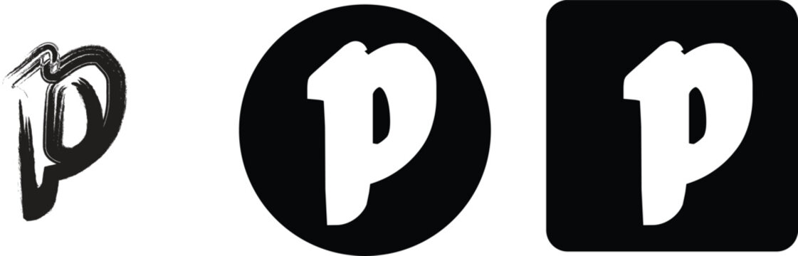 Letter p in brush stroke style, bold white letter inside black circle and rounded square, isolated on white background