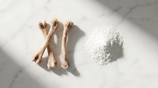 Natural sources of chicken bone calcium showing raw poultry bones placed beside a pile of mineral powder for nutritional supplement research concepts