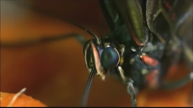 Extreme close-up of a monarch butterfly's compound eyes and antennae