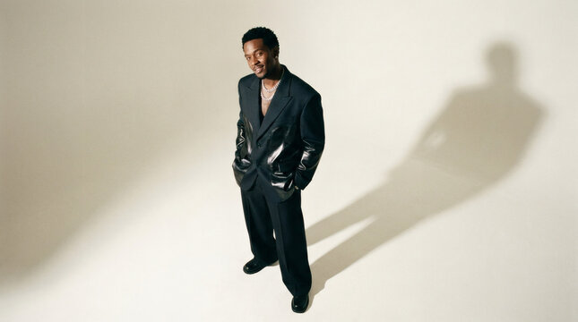 Trendy young black man posing in modern leather patch suit