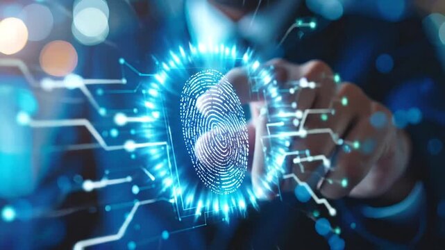 Person's hand activating a glowing blue biometric fingerprint scanner on a futuristic circuit board interface for digital security.