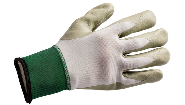 Gardening glove with green cuff and beige palm