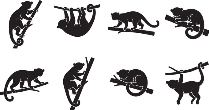 Monkey silhouettes, primate icons, black monkey illustrations, vector monkeys isolated on Transparent Background