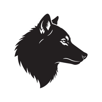 Black wolf profile silhouette against a white background with sharp detail and intense gaze